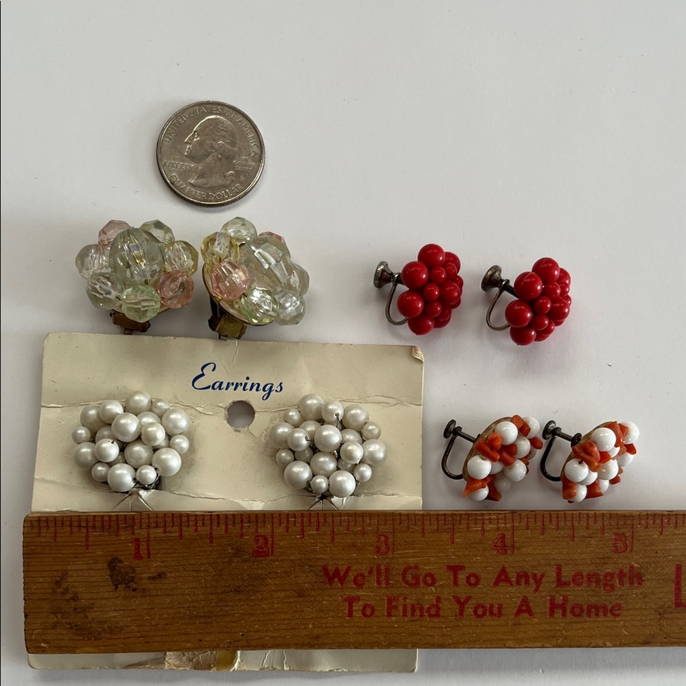 Beaded Cluster Earrings 4 Pr Lot One Pr W/Sterling Back Screw Back & Clip On MCM